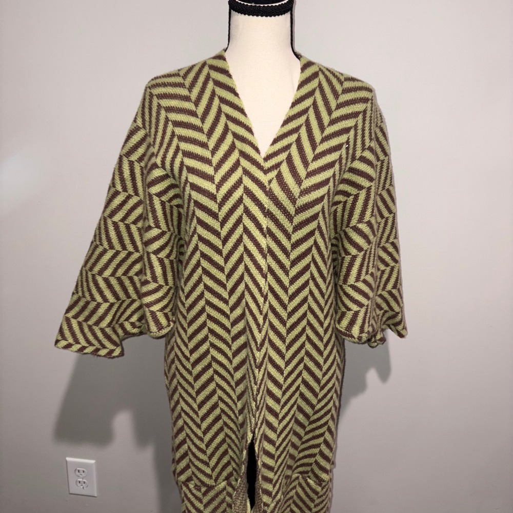 Boho Chevron Herringbone Handmade Duster Cardigan Women M Green Brown - Picture 2 of 9